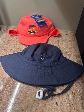 Two Infant Boys Sun Hats - Coral Baseball Cap & Navy Wide-Brim Hat ☀️